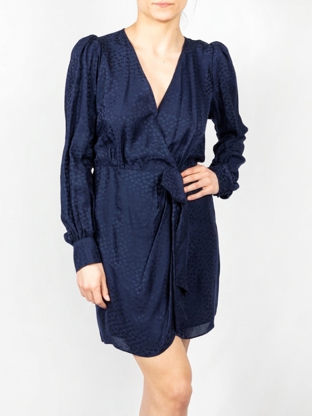 The Kooples Sz 6 Navy Blue 100% Silk Daisy Floral faux Wrap Dress